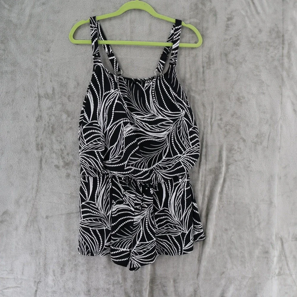Swim Solutions Romper Swimsuit Womens 18W Black Palm Print Tropical $122 NWT - Picture 2 of 16